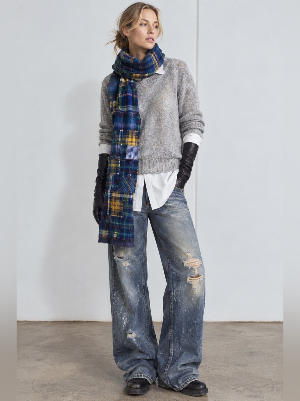Hand Crafted Blue, Green & Yellow Patchwork Plaid Scarf Wrap